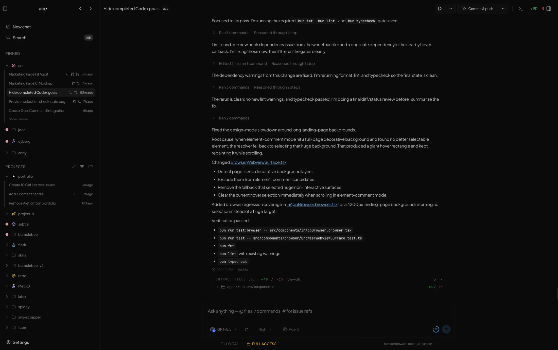 ace desktop workspace showing a project thread, agent conversation, terminal, browser preview, editor context, and review surfaces together