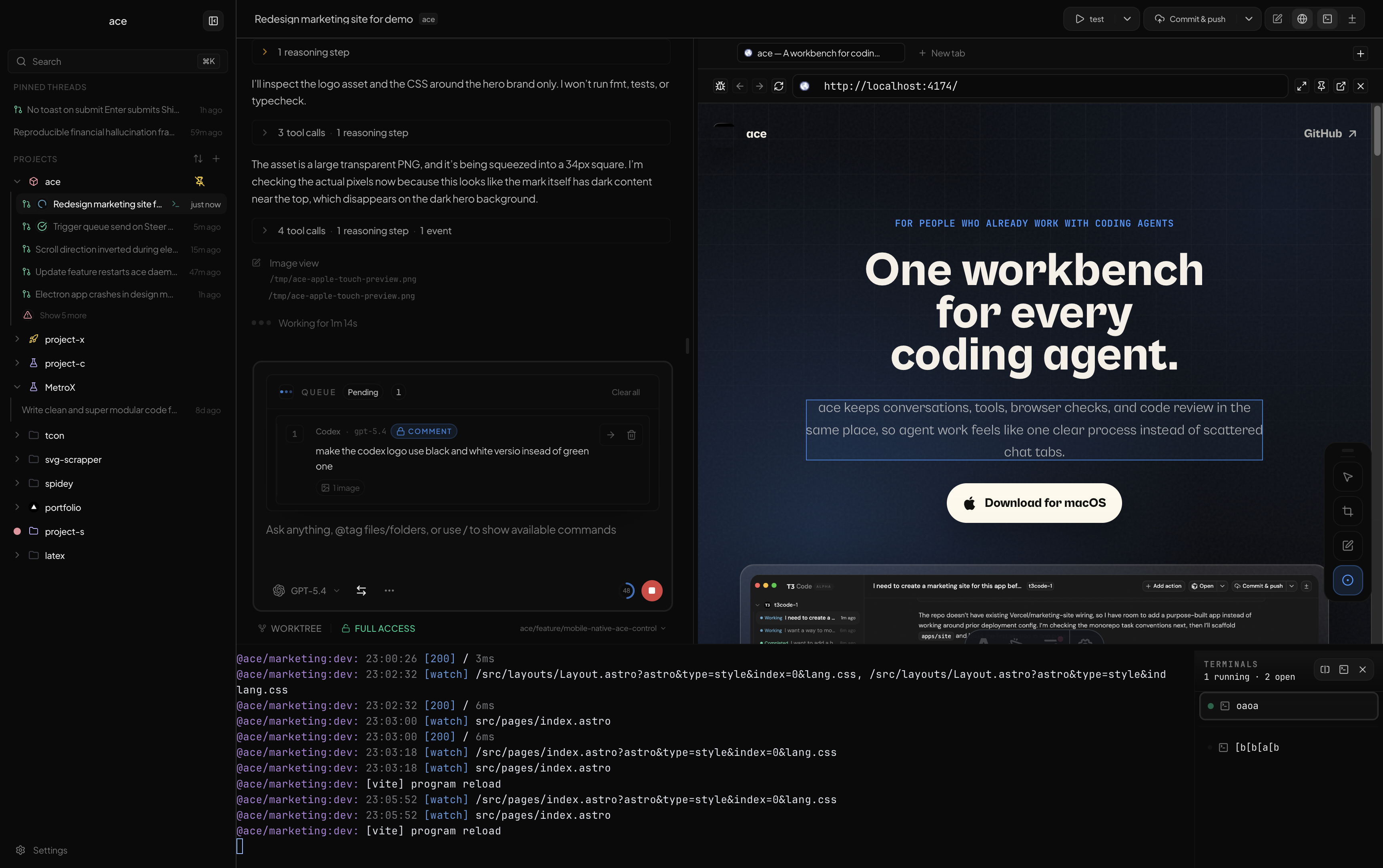 ace desktop workspace showing project threads, a coding agent conversation, and review panels